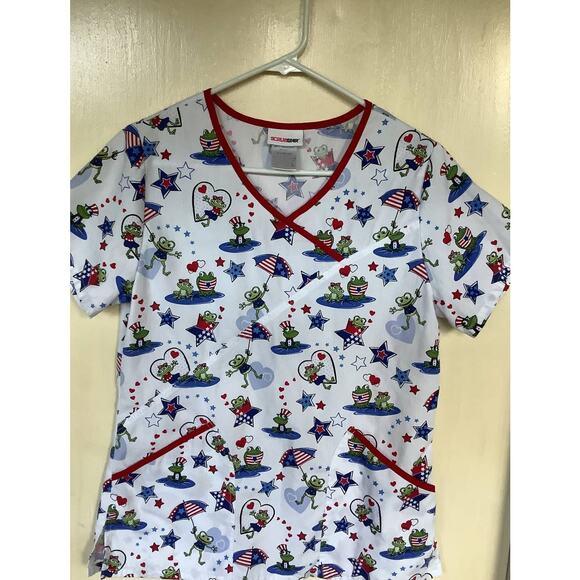 Scrubstar Patriotic Scrub Top Size XS Frogs White Red Blue Stars Uniform - Picture 1 of 3